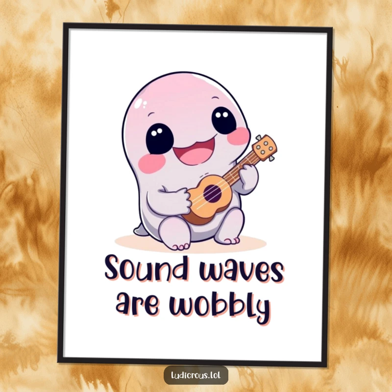 Funny, happy slime creature enthusiastically strumming a tiny ukulele poorly, a humorous and vibrant piece of wall art.