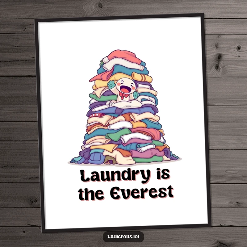 Funny poster featuring a determined sock puppet attempting to climb a monumental pile of laundry, symbolizing triumph over chores.