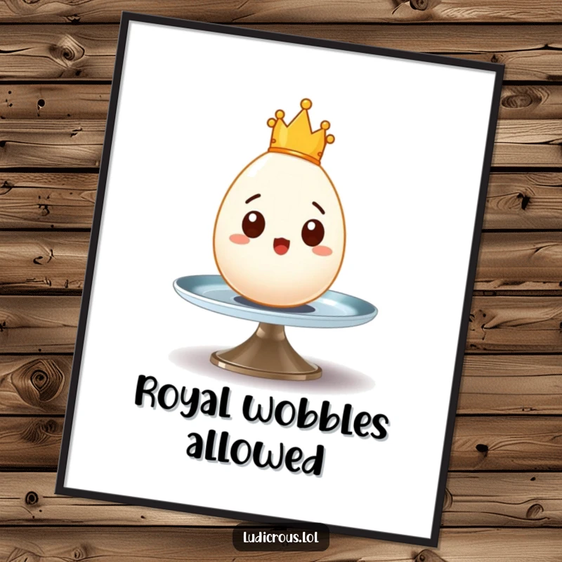 Funny poster featuring a surprised egg with a tiny crown precariously wobbling on a spinning plate, adding regal humor.