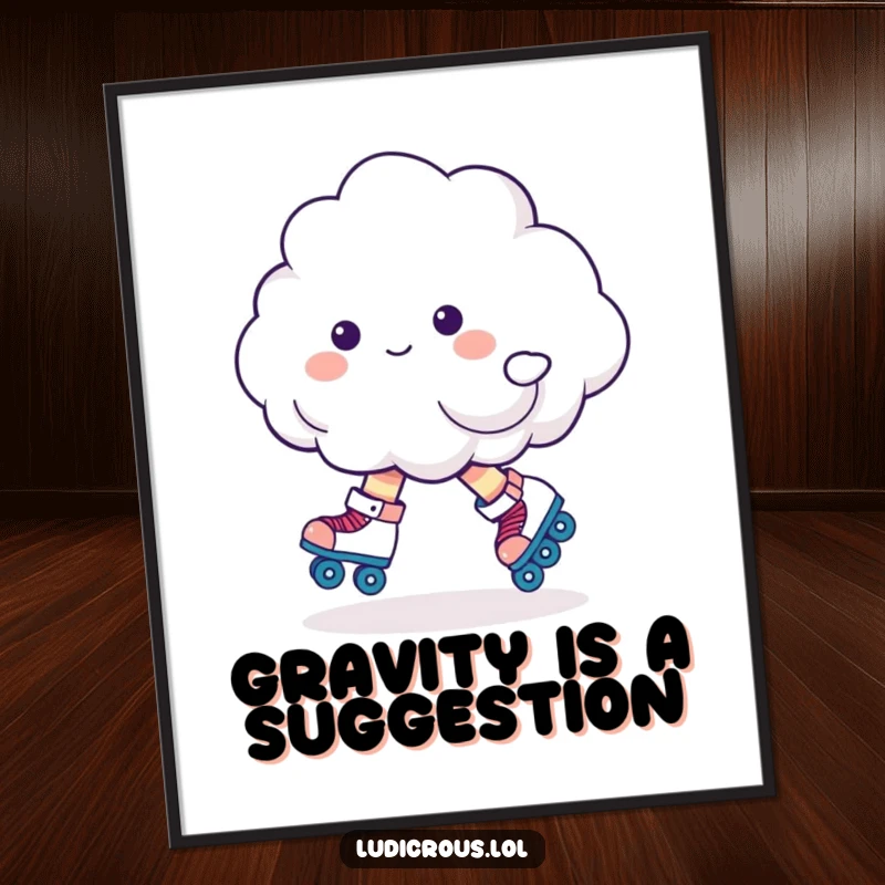 Funny cloud character on roller skates, depicted in a comical, unstable pose, perfect for humorous wall art.