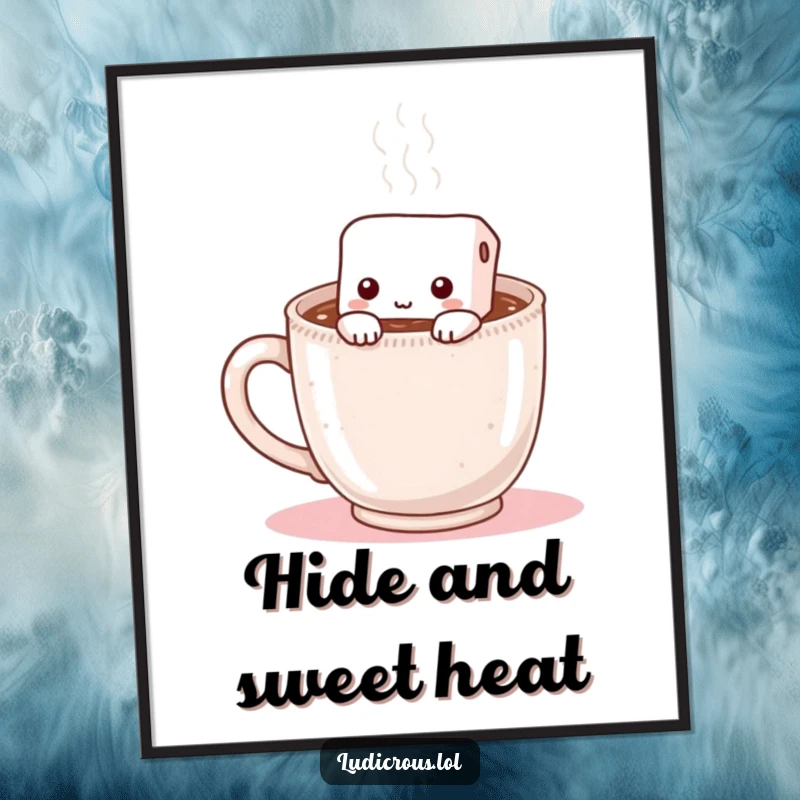 Funny poster showing a shy marshmallow hiding inside a steaming mug of hot chocolate, adding a cozy and humorous touch to decor.