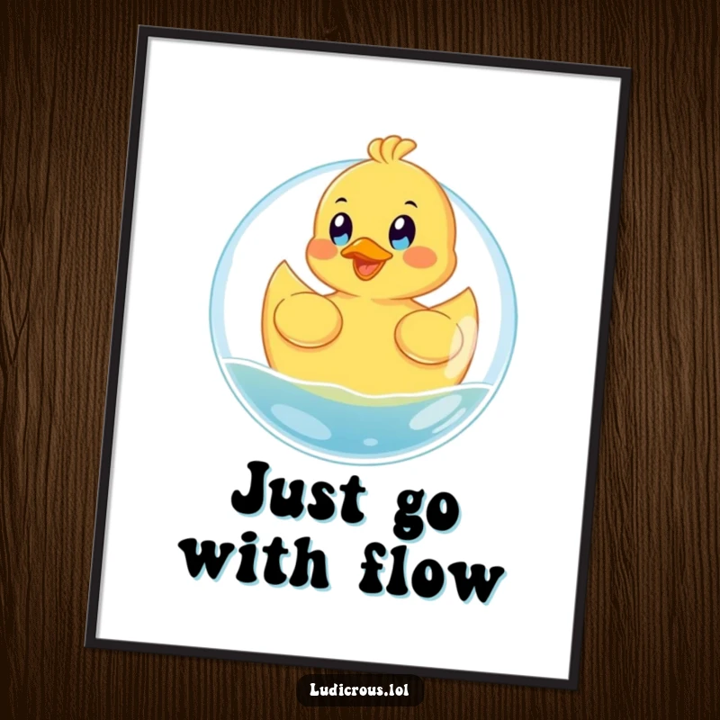 Funny poster featuring a happy rubber ducky floating on a giant bubble with eyes wide with glee, bringing whimsical joy.