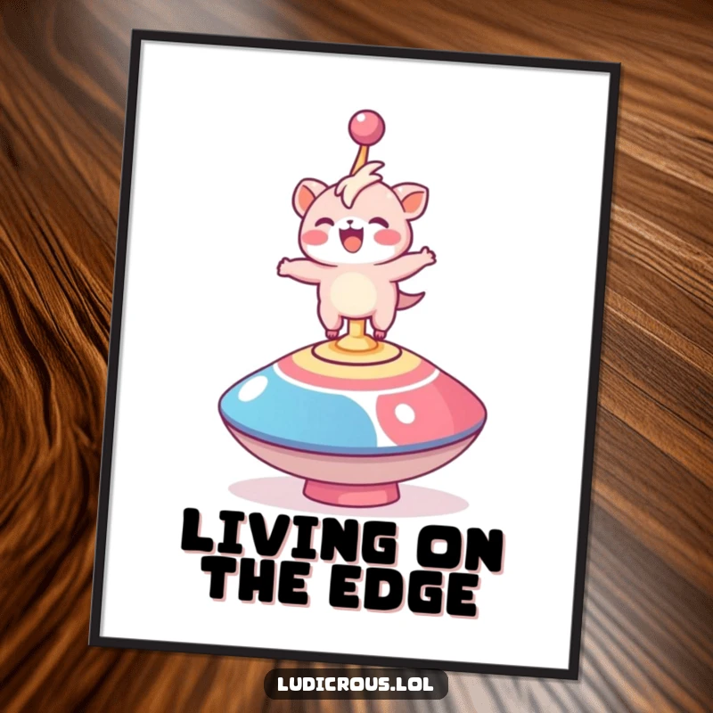 Funny poster illustrating a delighted creature comically balancing on a giant spinning top, capturing a moment of pure fun.