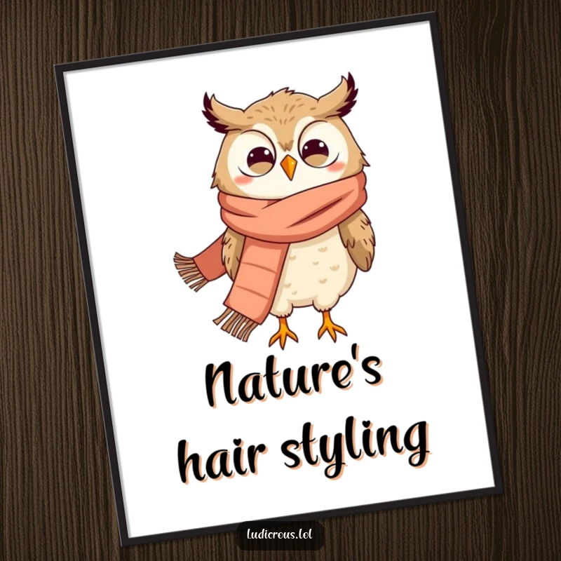 Funny poster print of a grinning owl wearing a giant scarf, comically being blown away by a strong wind.