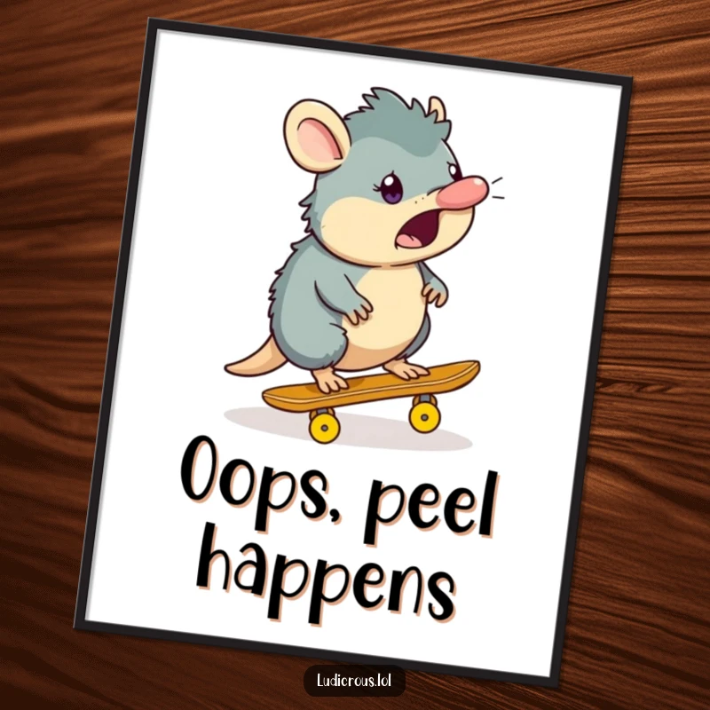 Funny platypus poster showcasing a surprised platypus character skateboarding on a banana peel, a piece of funny wall art.