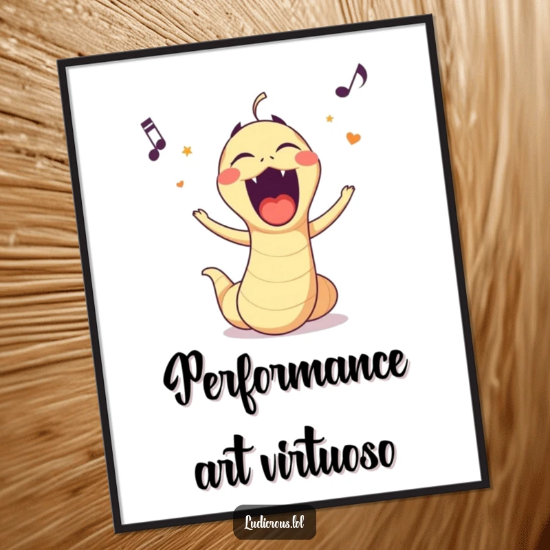 Funny poster print of a worm singing opera with an exaggerated, comical mouth, bringing theatrical humor to any room.