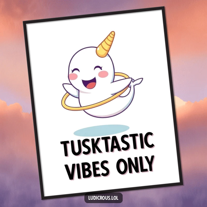 Funny narwhal poster showcasing a laughing narwhal character attempting to spin a hula hoop with its tusk, a piece of funny wall art.