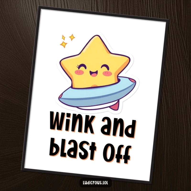 Funny poster showing a cheerful star winking and morphing into a tiny spaceship, a delightful piece of celestial wall art.