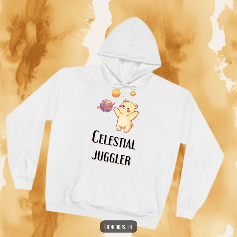 Funny bear juggling planets with visible delight and wonder, printed on a warm and comfortable hoodie.