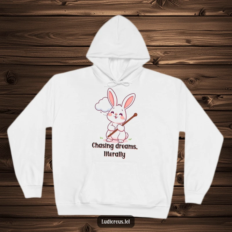 Funny hoodie showing a cheerful rabbit determinedly using a long pole to touch a cloud, embodying a funny, goofy, and aspirational moment.