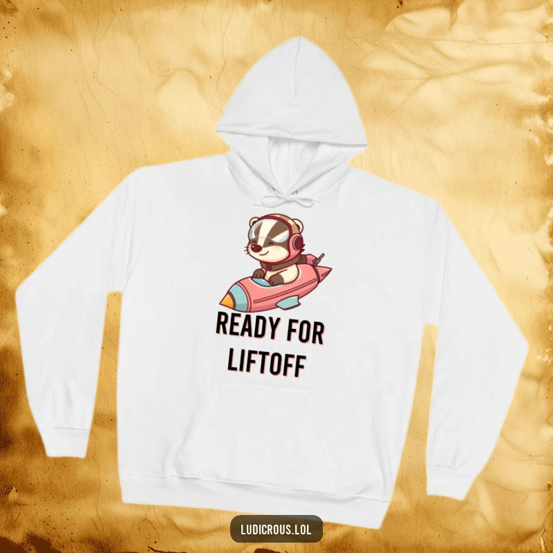 Funny badger wearing a pilot helmet, commanding a comically oversized rocketship, printed on a warm and cozy hoodie.