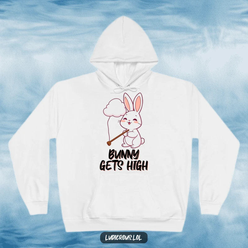 Funny rabbit hoodie shows a cheerful bunny with a comically long pole reaching towards a whimsical cloud.