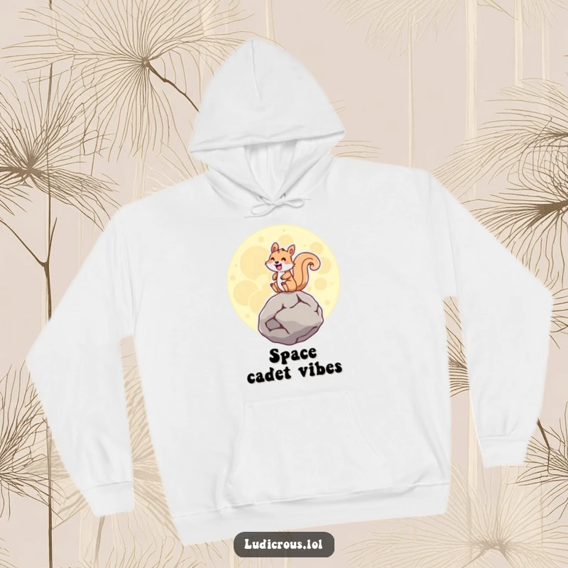 Funny squirrel joyfully riding a giant hovering moon rock, grinning widely, featured on a cozy and warm hoodie.