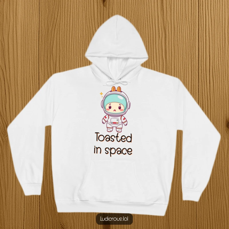 Funny hoodie design of a surprised astronaut in a spacesuit, with a toaster accidentally worn as a helmet, looking comically confused.