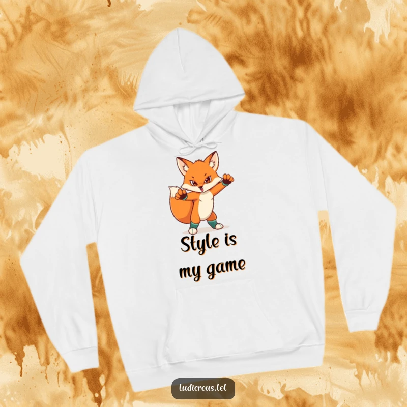 Funny hoodie featuring a determined fox in a dramatic pose, wearing colorful mismatched socks. Cozy apparel with a bold, humorous statement.