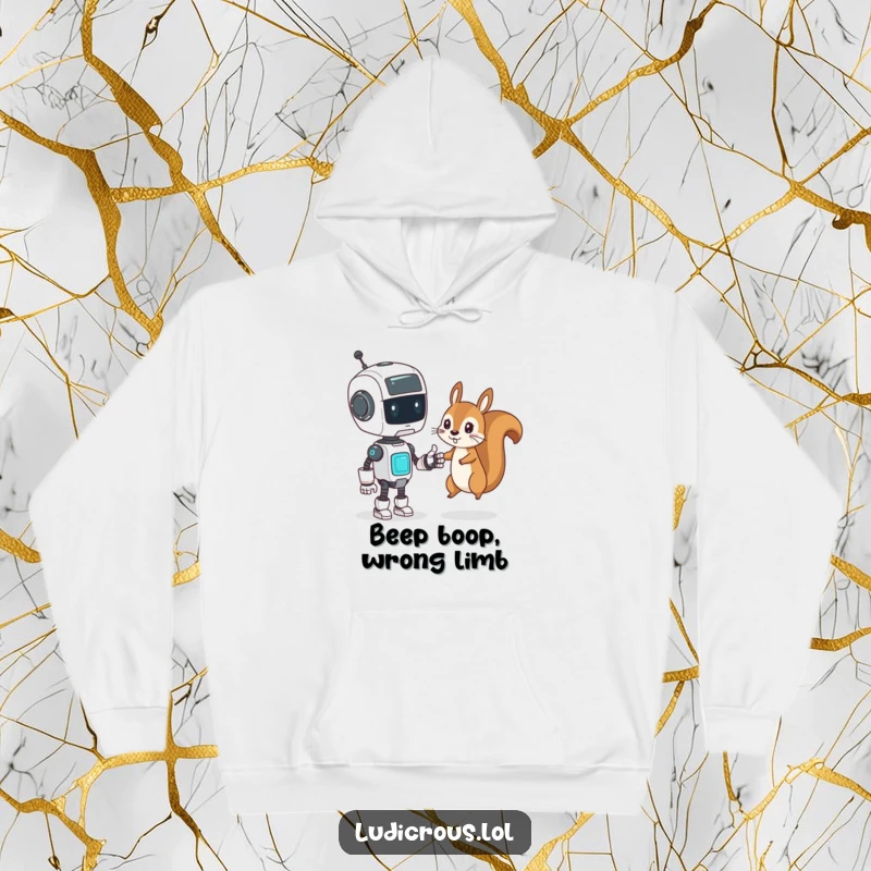 Funny Hoodie showing a confused robot trying to high-five a mischievous squirrel, cozy and comedic tech apparel.