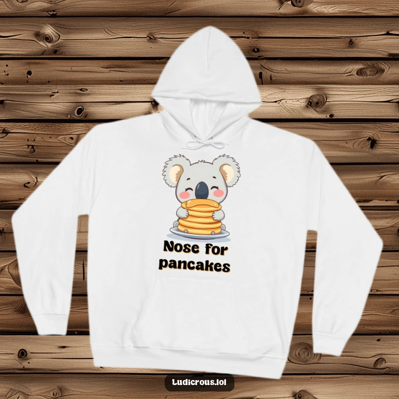 Funny koala hoodie depicting a joyful animal precariously balancing a tower of pancakes on its nose, a hilarious sight.