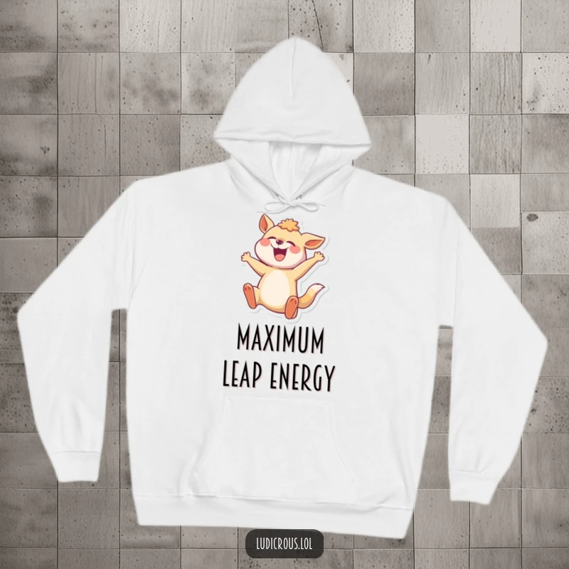 Funny hoodie showing a joyful animal in a dramatically exaggerated mid-leap, designed for cozy enthusiasm.