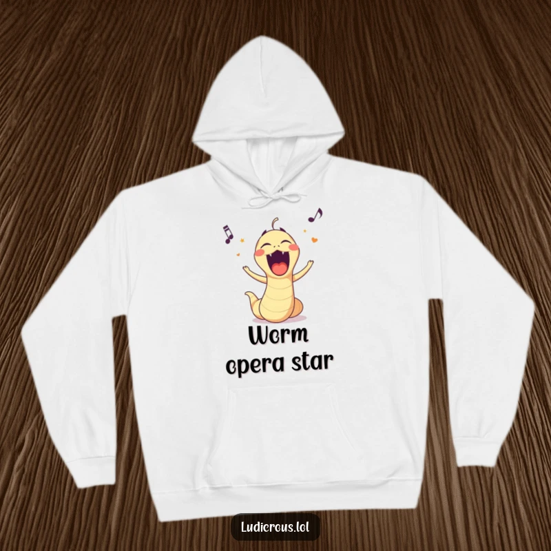 Funny hoodie graphic of a worm enthusiastically singing opera with an incredibly wide, humorous mouth.