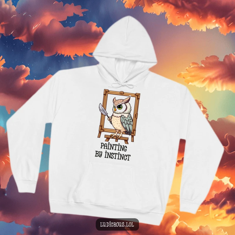 Funny hoodie with a majestic owl humorously painting a portrait using its tail feather, offering cozy artistic vibes.