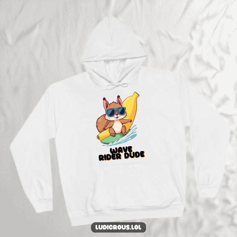 Funny squirrel in sunglasses surfs a giant banana, depicted on a cozy hoodie, perfect for cool, humorous, and adventurous wear.