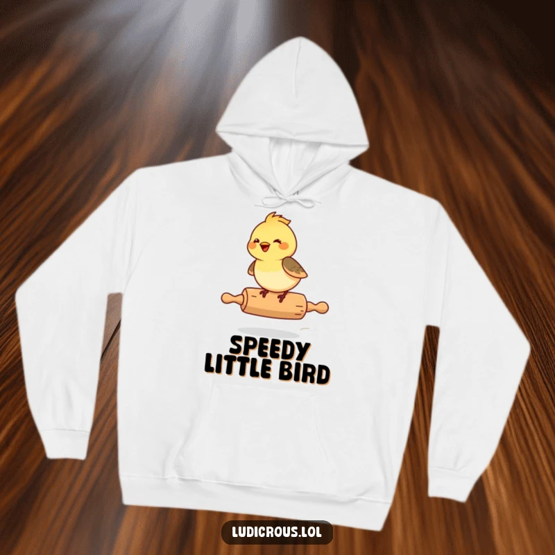 Funny Chickadee Hoodie, a giggling chickadee riding a runaway rolling pin with pure delight and glee.