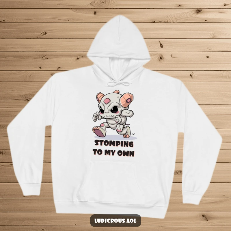 Funny golem with heavy feet trying to skip, a cozy and humorous hoodie for the determined.