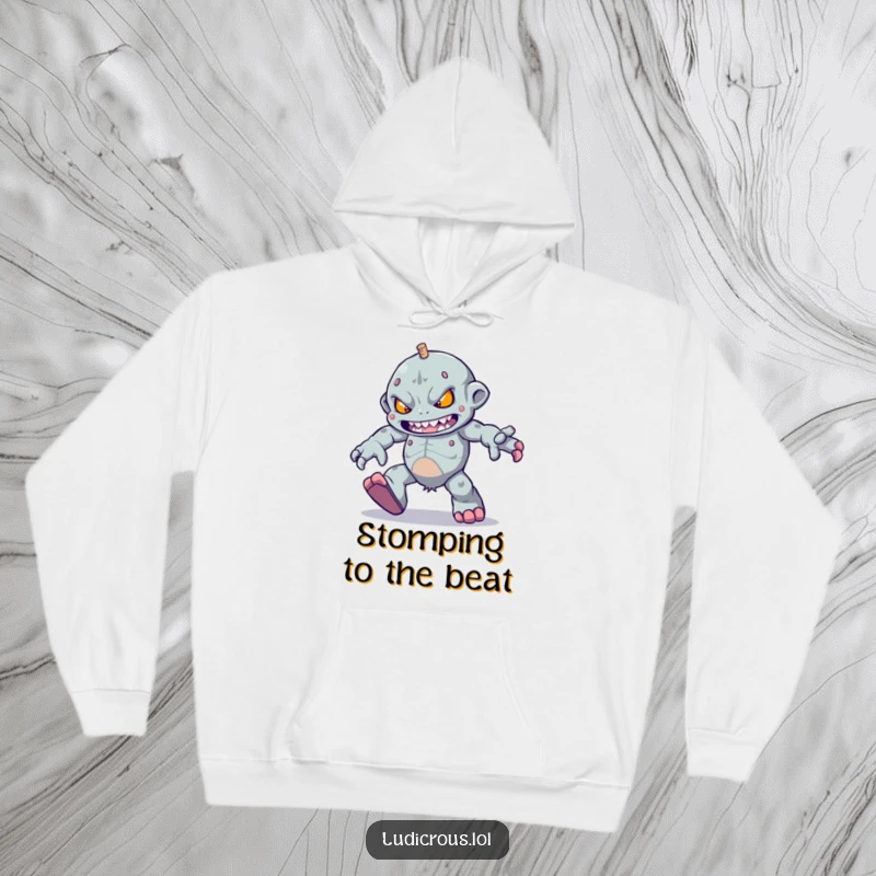 Funny determined golem character trying to skip with heavy feet, this hoodie makes a funny and warm gift.