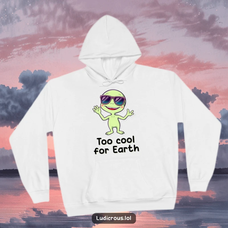 Funny hoodie design: a happy alien character with oversized sunglasses, a broad smile, and waving appendages, embodying interstellar merriment.