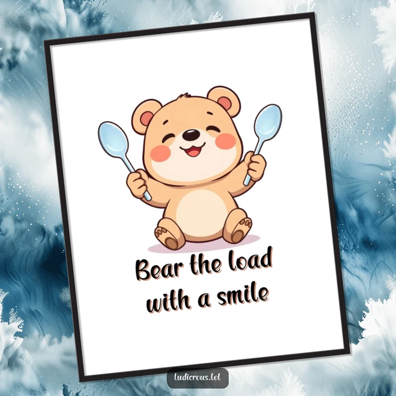 Funny Free Printable Wall Art: A smiling bear cub puts in maximum effort juggling three comically bent spoons, inspiring joy.