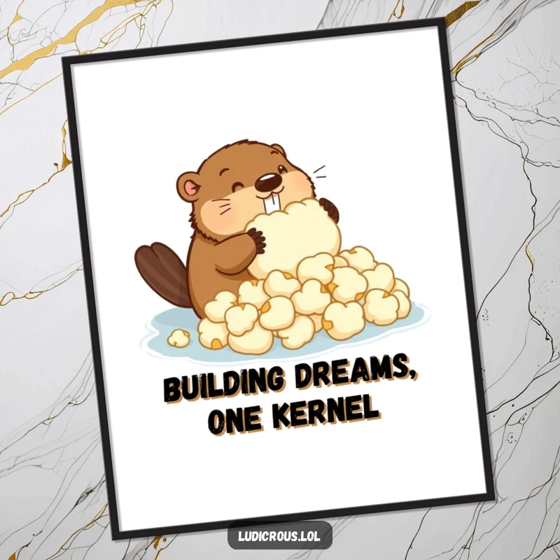Funny Free Printable Wall Art: A determined beaver is focused on building a dam using oversized popcorn.