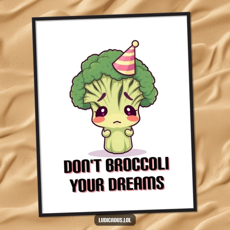 Funny Free Printable Wall Art: Bewildered broccoli floret in a tiny party hat, looking thoroughly confused.