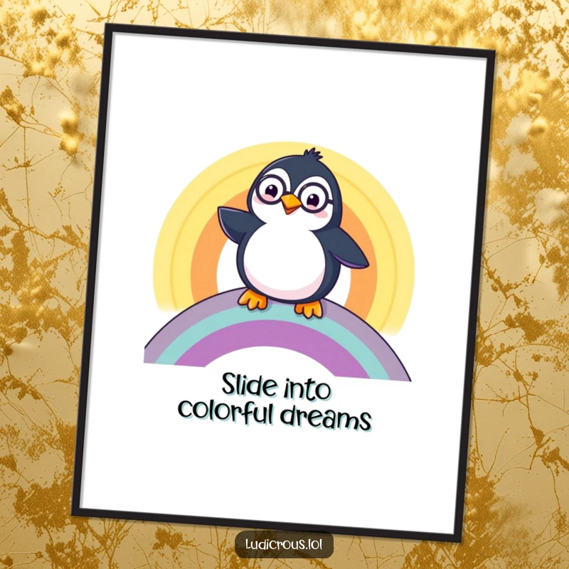 Funny Free Printable Wall Art: A happy penguin with a monocle slides down a vibrant rainbow in a whimsical scene.