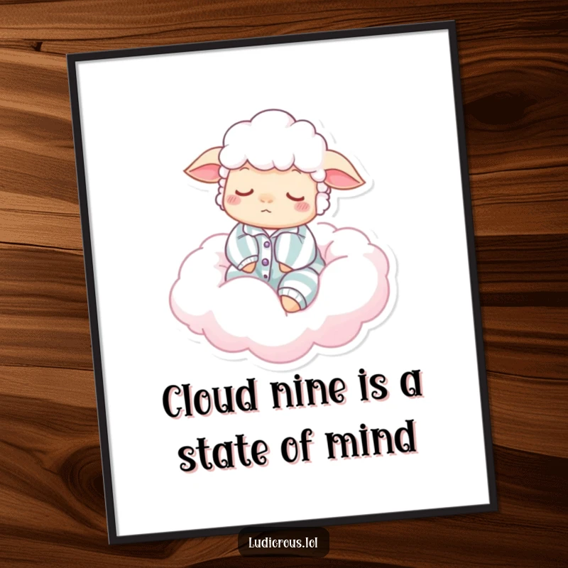 Funny Free Printable Wall Art: A sleepy sheep in pajamas floats peacefully on a whimsical cotton candy cloud, creating a dreamy atmosphere.