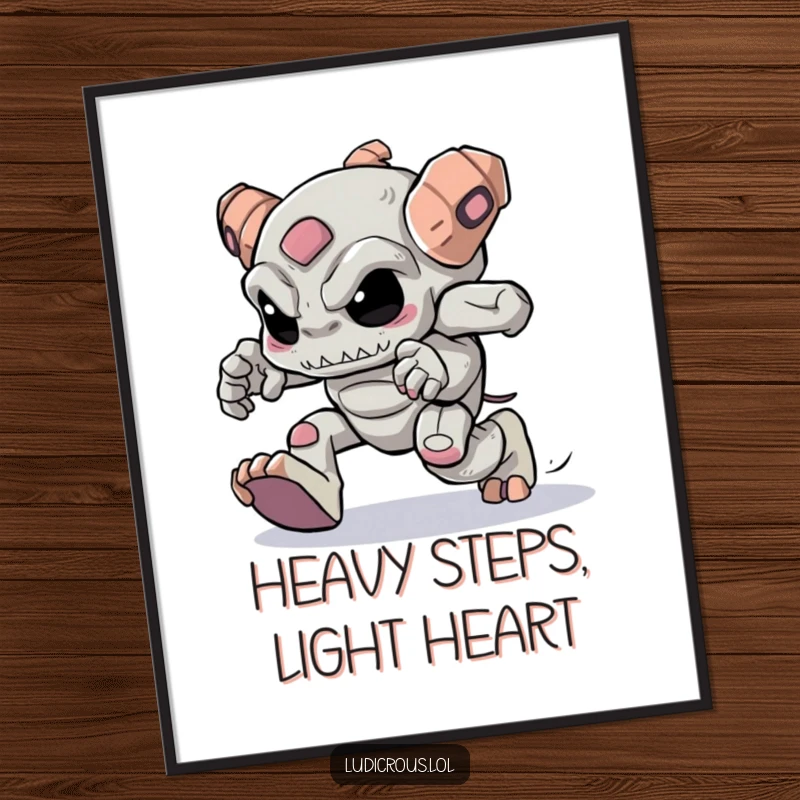 Funny Free Printable Wall Art: A determined golem with heavy feet attempts a comical skip, full of character.