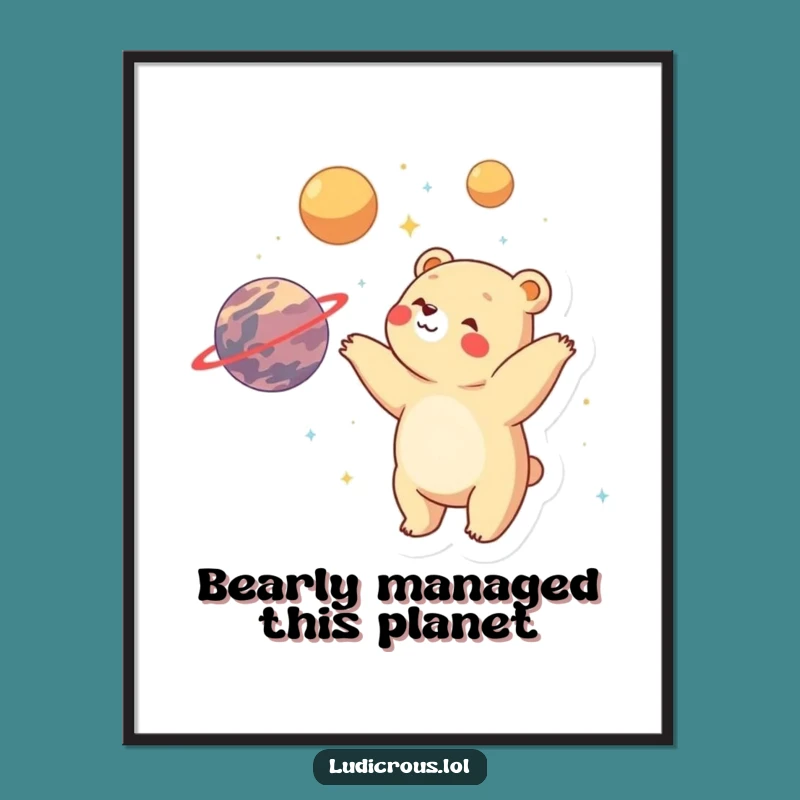 Free Printable Wall Art: Humorous Bear Juggling Planets for Whimsical Downloadable Decor