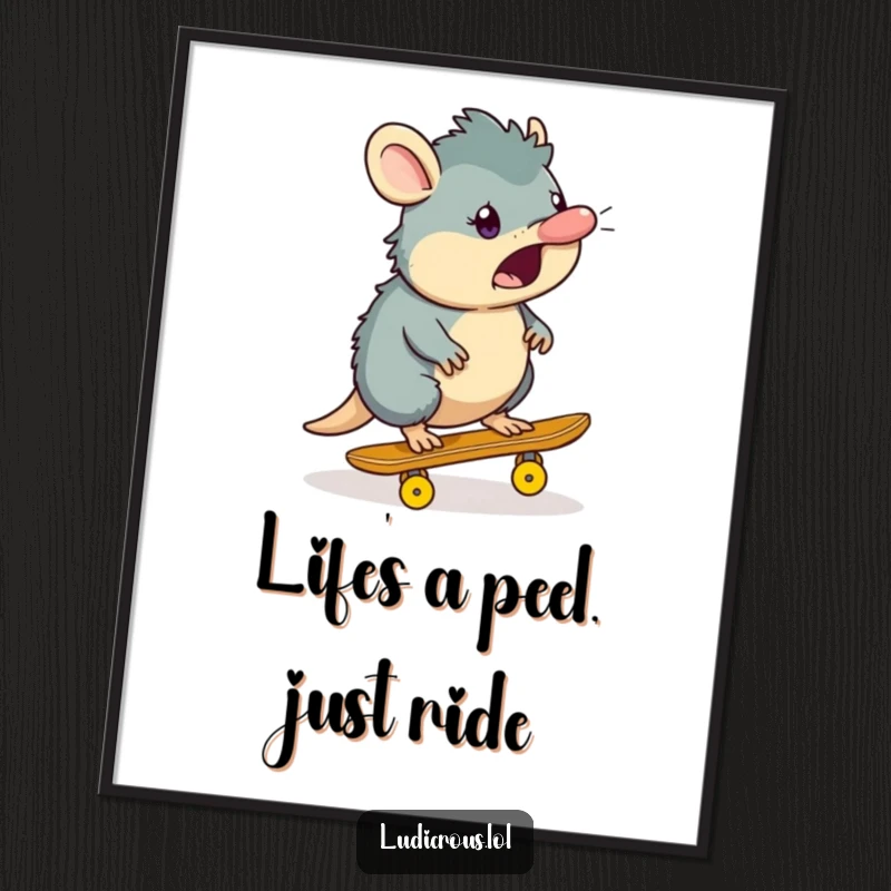 Funny free printable wall art depicting a surprised platypus skateboarding precariously on a banana peel.