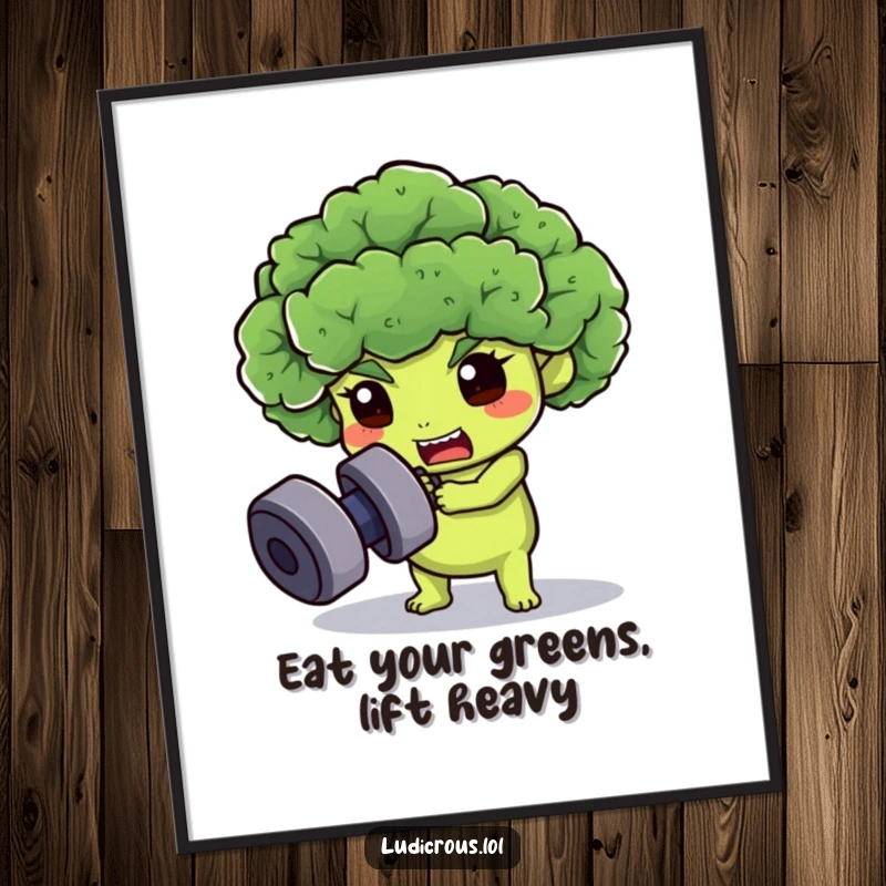 Funny free printable wall art of a determined broccoli floret character straining to lift a heavy dumbbell.