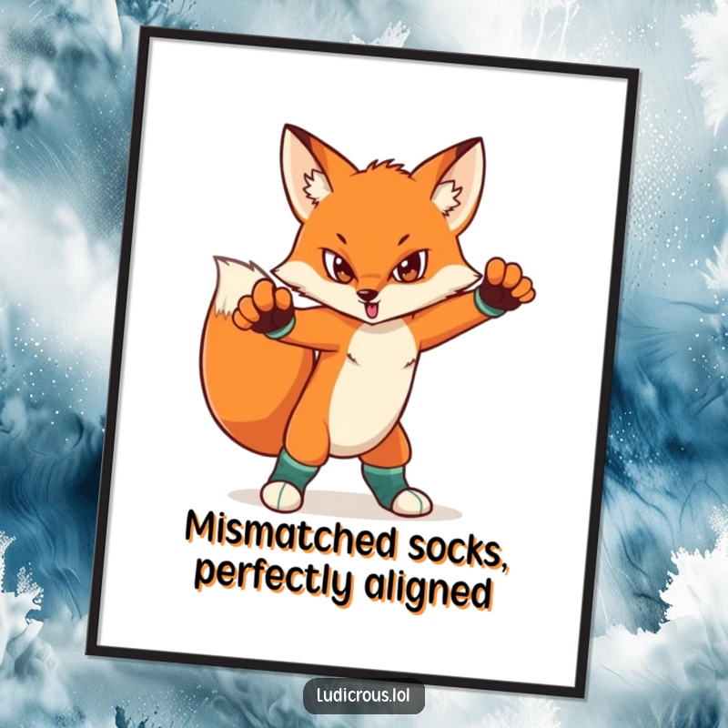 Funny Free Printable Wall Art: A determined fox striking a dramatic pose, showcasing its cool style with mismatched socks.