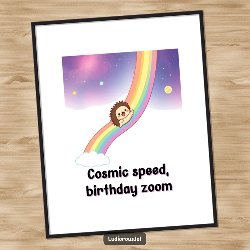 Funny Free Printable Wall Art: A hedgehog gleefully slides down a vibrant rainbow stretching across the cosmos, bringing celestial smiles.