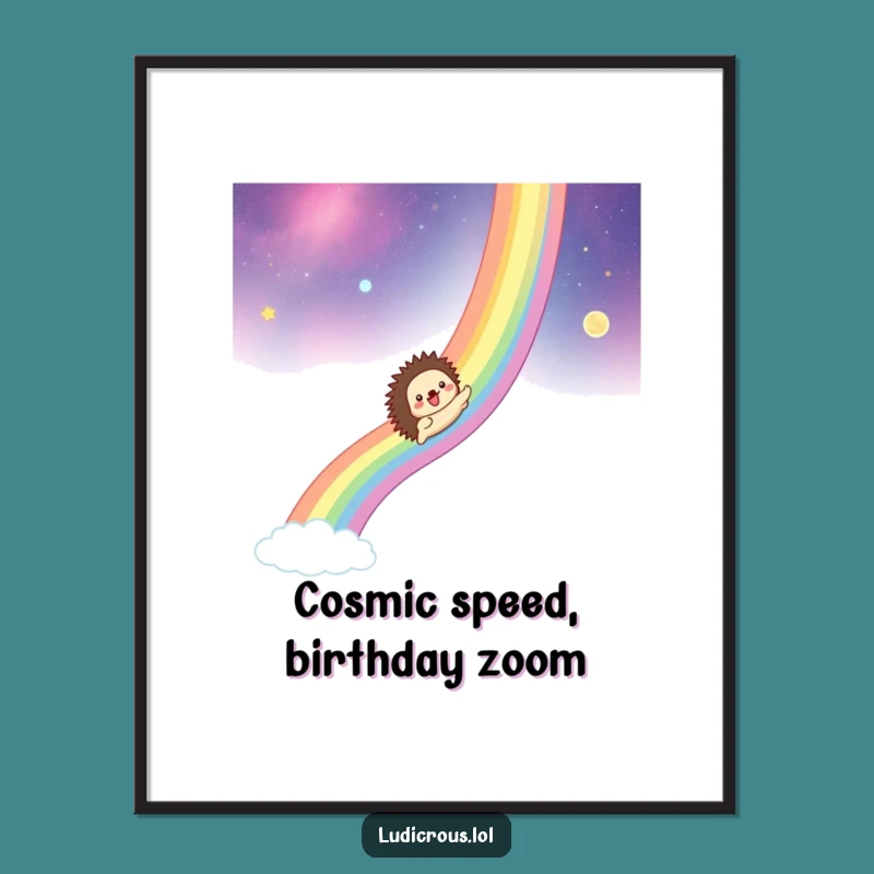 Funny Free Printable Wall Art: Hedgehog's Cosmic Rainbow Slide for Whimsical Decor!