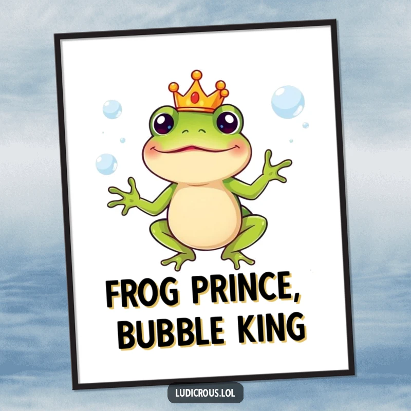 Funny Free Printable Wall Art: Silly frog wearing a tiny crown juggles slippery soap bubbles, whimsical and fun decor.