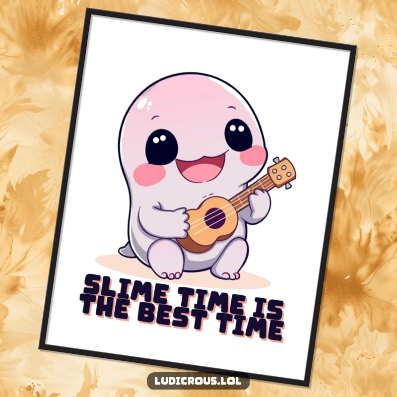 Funny Free Printable Wall Art: A joyful slime creature strumming a tiny ukulele, with questionable talent. Downloadable decor.