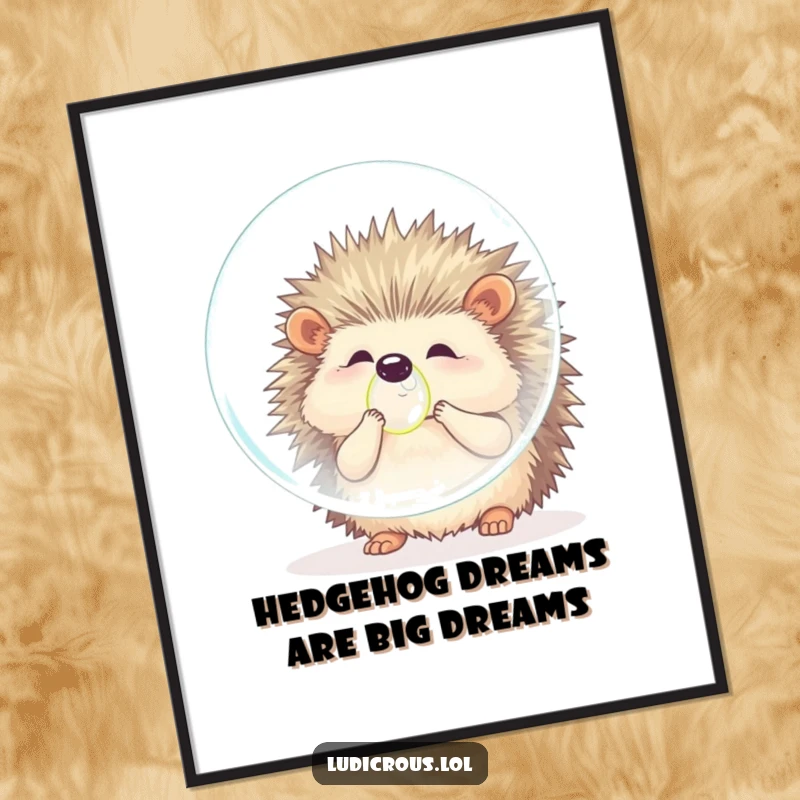 Funny free printable wall art of a cute hedgehog trying to blow a bubble bigger than its body, looking determined.