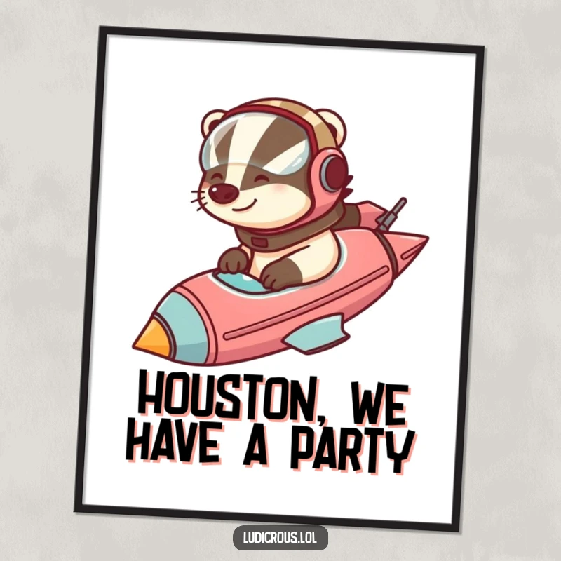 Funny Free Printable Wall Art: Badger in a helmet piloting a huge rocket, a whimsical piece for space fans.