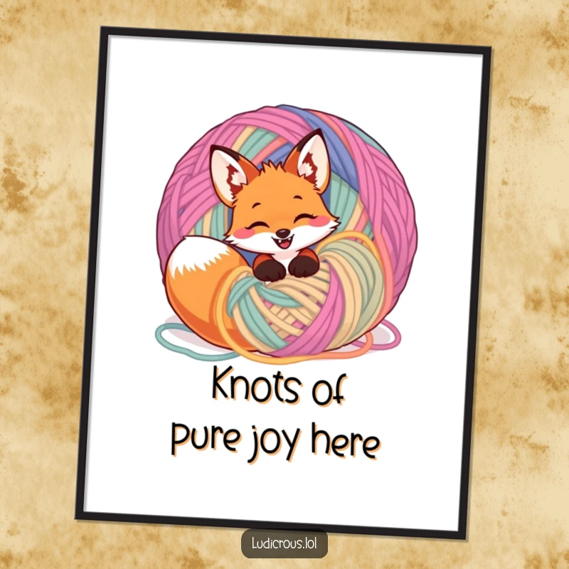 Funny Free Printable Wall Art: A gleeful fox is hilariously tangled within a giant, colorful ball of yarn.