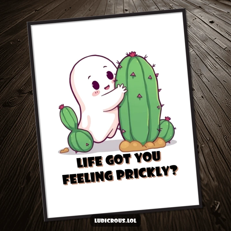 Funny Free Printable Wall Art: Ghost awkwardly hugs a spiky cactus, a humorous and relatable scene. Downloadable decor.