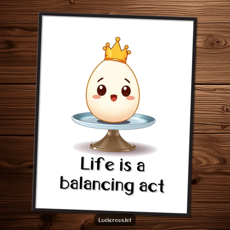Funny Free Printable Wall Art: A surprised egg wearing a tiny crown wobbles precariously on a spinning plate, adding quirky charm.