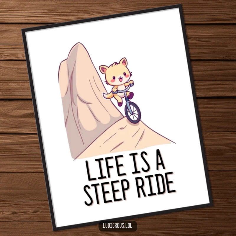 Funny Free Printable Wall Art: A playful critter expertly rides a unicycle down a ridiculously steep hill, perfect for humorous decor.