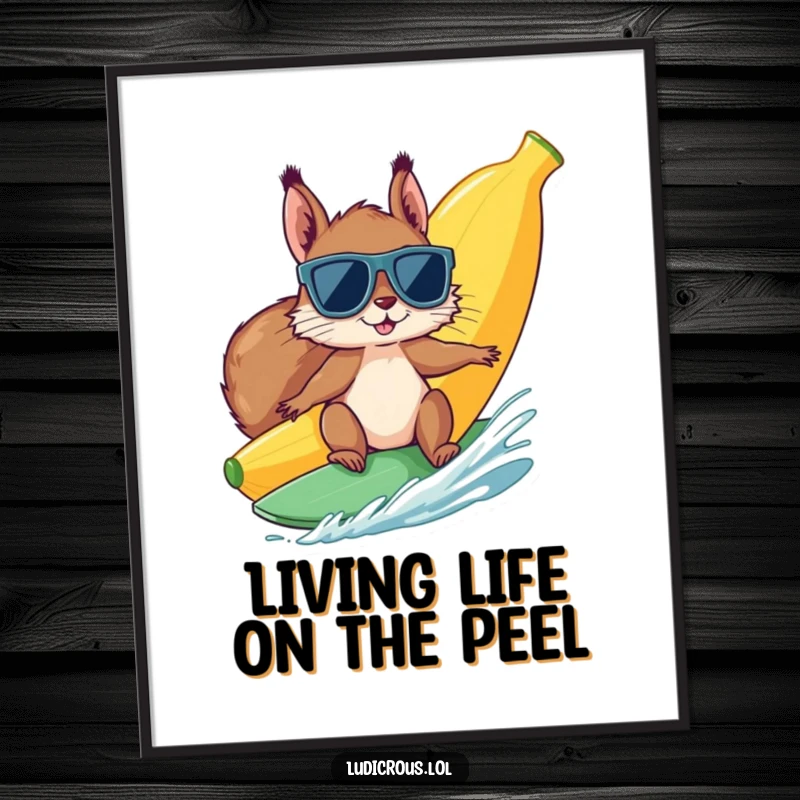Funny Free Printable Wall Art: A cool squirrel wearing sunglasses surfs a giant banana with epic style.